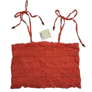 Elan Womens Crop Top Large NWT Smocked Coral Tie Strap Metal Beads